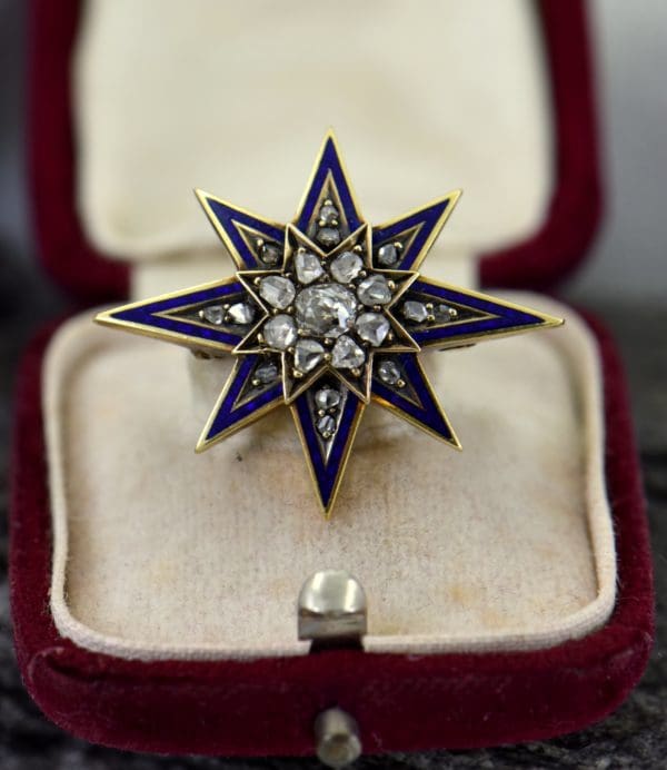 1870s Victorian Star Pin Pendant with Diamonds and Enamel 1