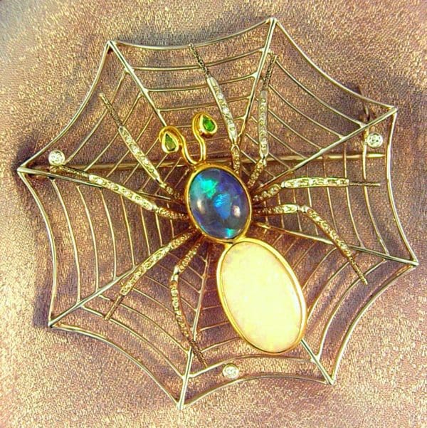 Aragog  Deco Spider Brooch in Platinum and 18kY with Opals Diamonds and Demantoid 1