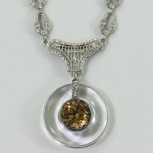 Art Deco Filigree Necklace with Rock Crystal Brown Zircon and Diamonds c.1925 1 1