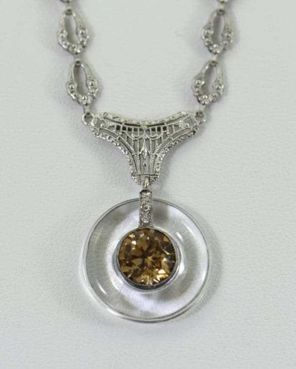 Art Deco Filigree Necklace with Rock Crystal Brown Zircon and Diamonds c.1925 1 1