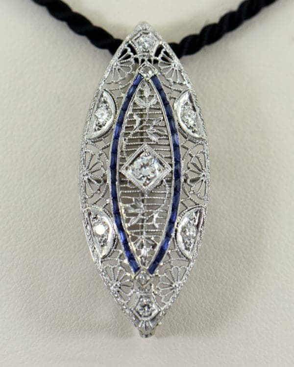 Art Deco Navette Pin Pendant with Calibre Sapphires and Diamonds 1