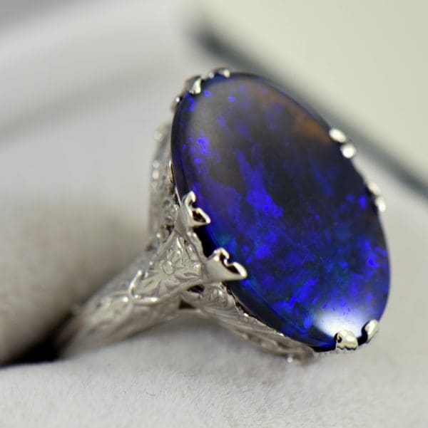 Art Deco Ring with Peacock hued Black Opal 1
