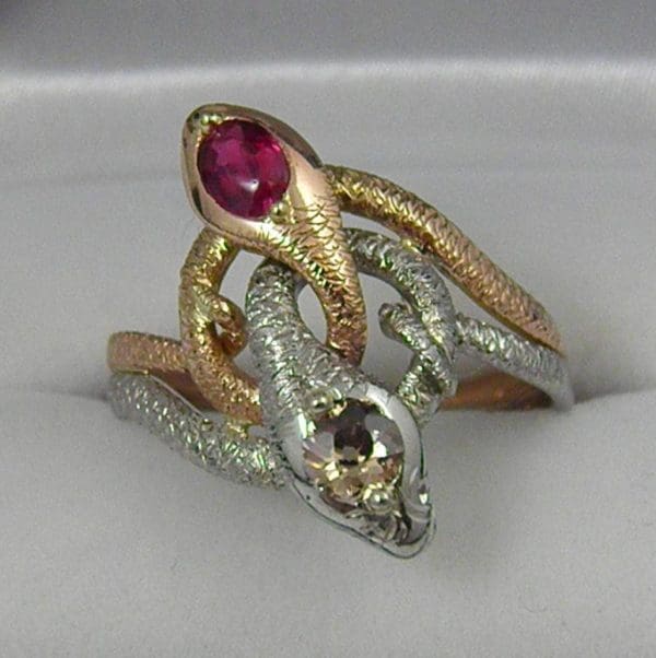 Late Victorian Snake Ring Plat and Rose Gold with Champagne Diamond and Ruby 1