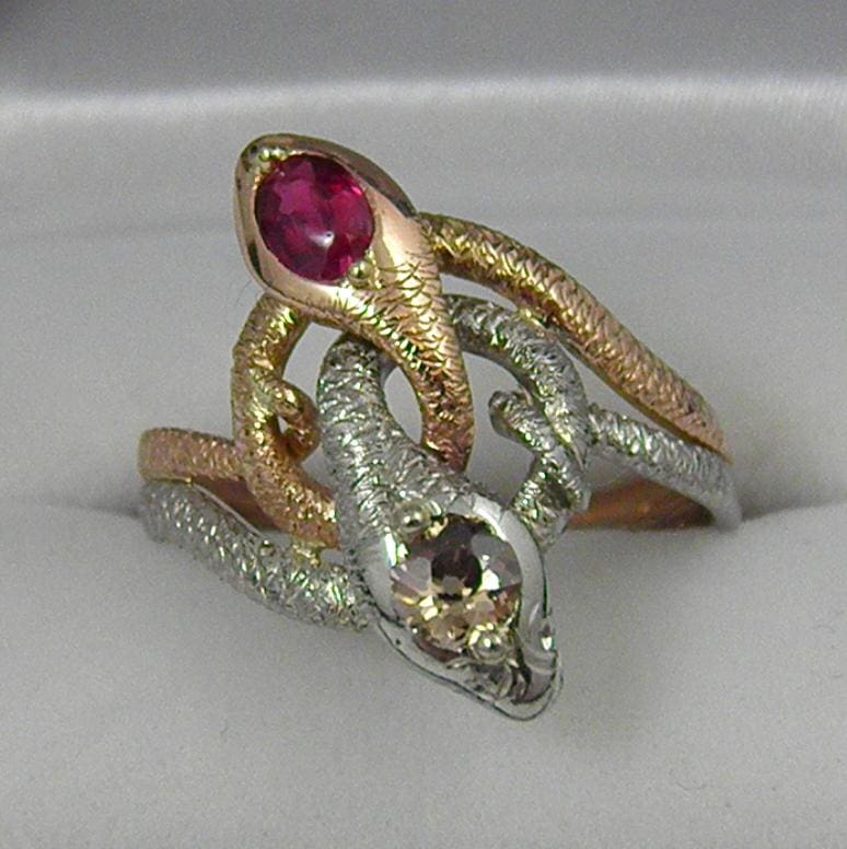 Victorian Snake Ring with Champagne Diamond and Ruby Exquisite