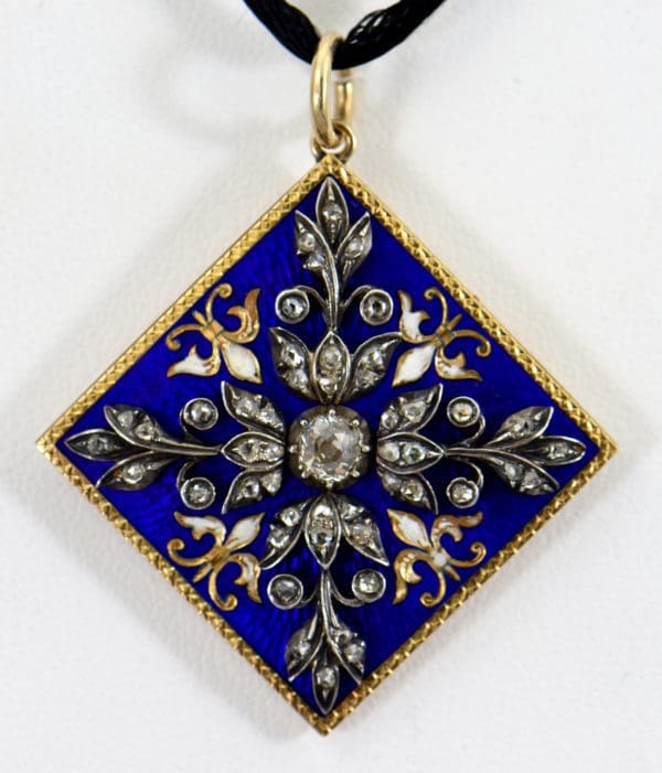 Victorian French Silver over Gold Pendant with Diamonds and Enamel 1
