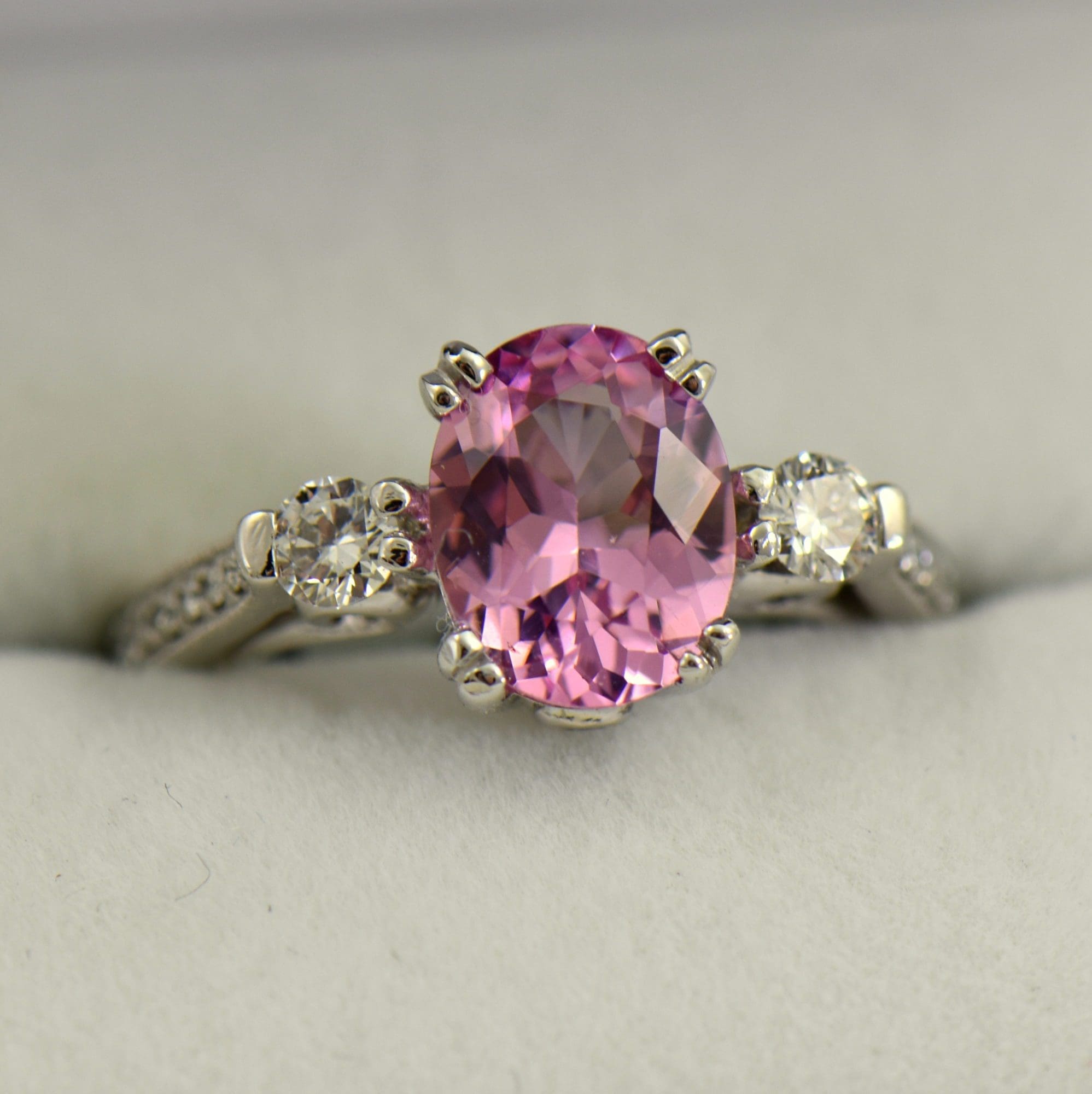 Baby Pink Spinel and Diamond 3Stone Engagement Ring