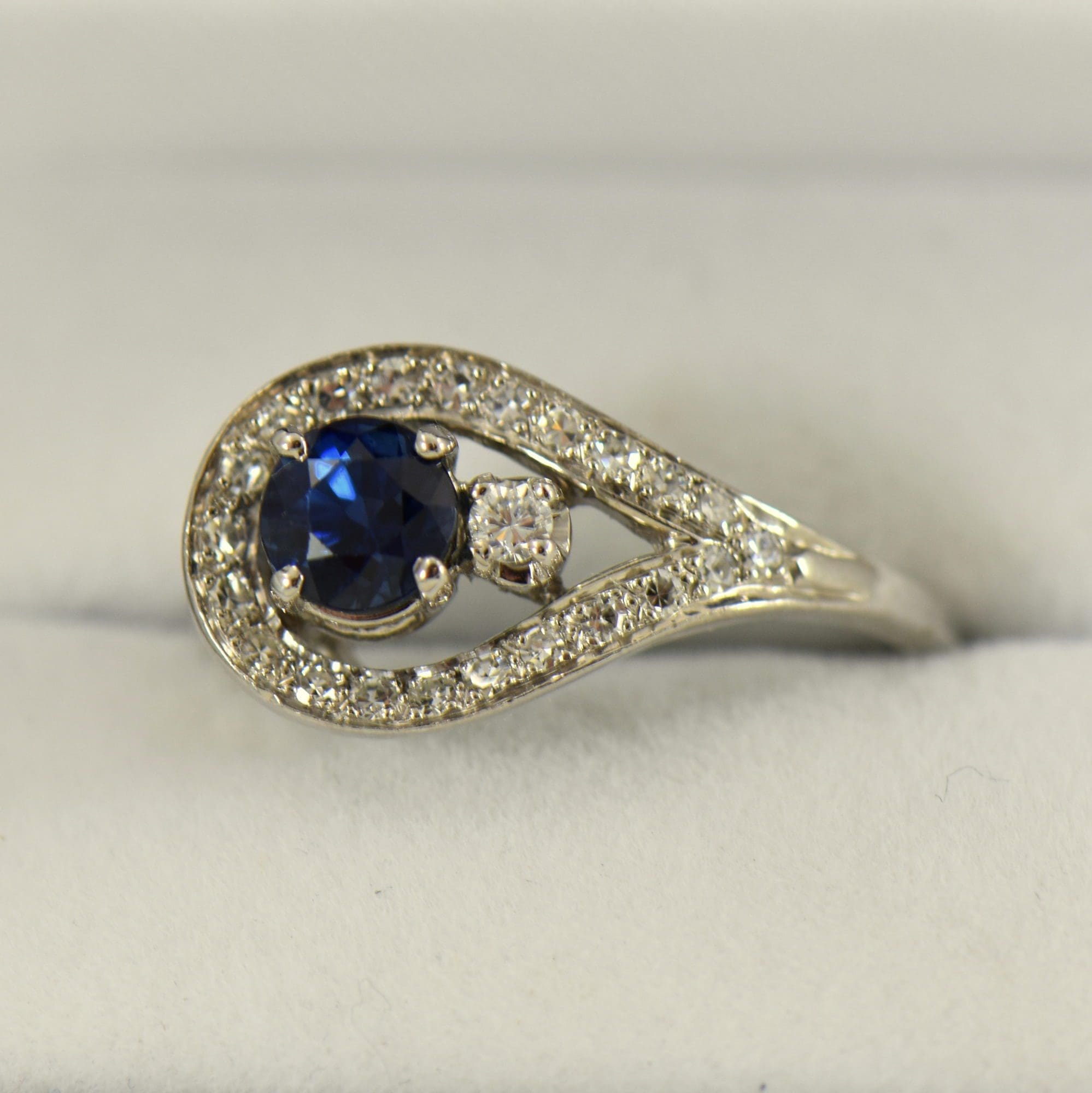 MidCentury Navy Blue Sapphire & Diamond Ring in White Gold