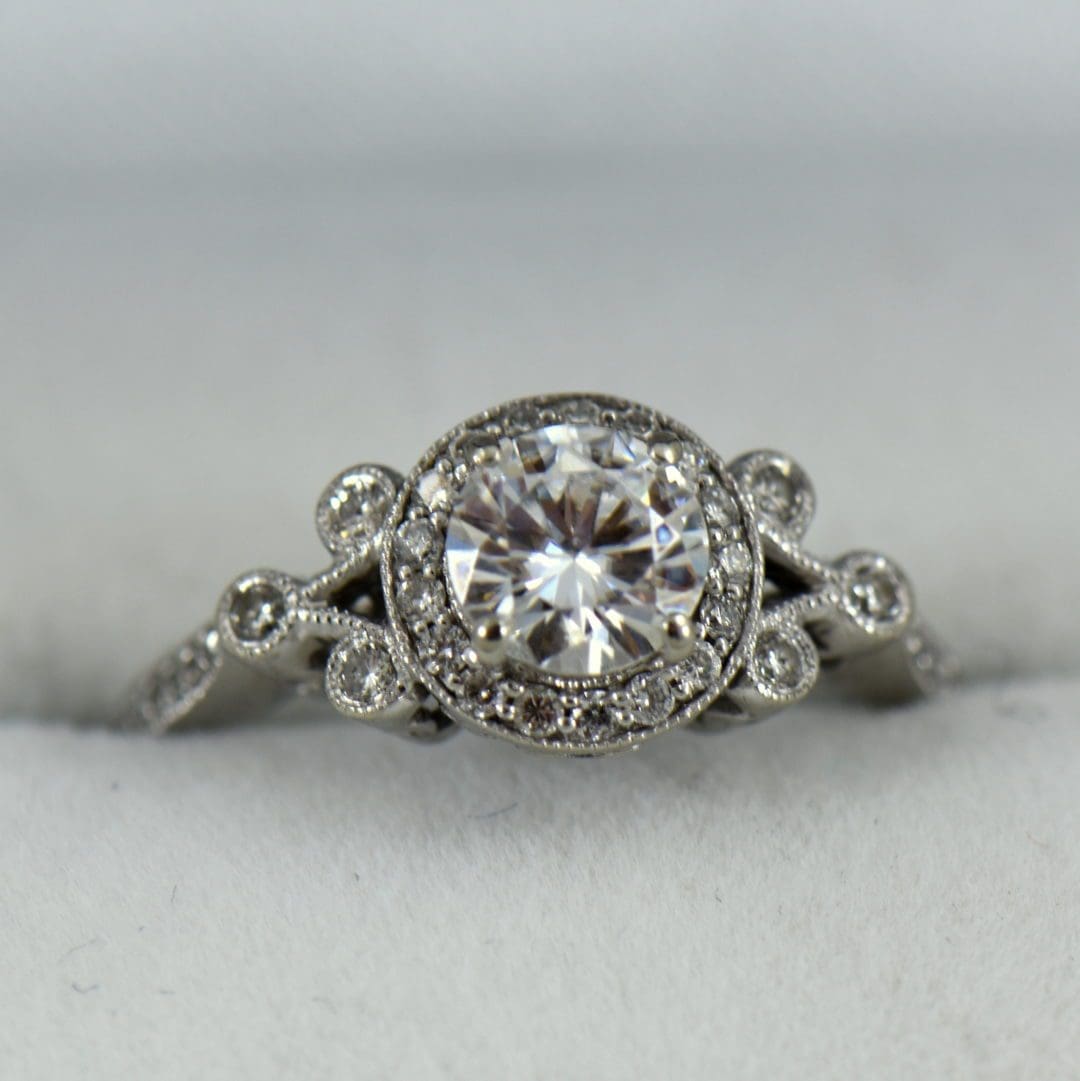 Vintage Style Halo Engagement Ring with Round Moissanite Exquisite