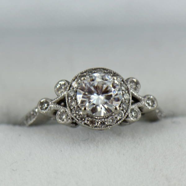 Custom vintage style moissanite halo ring in white gold
