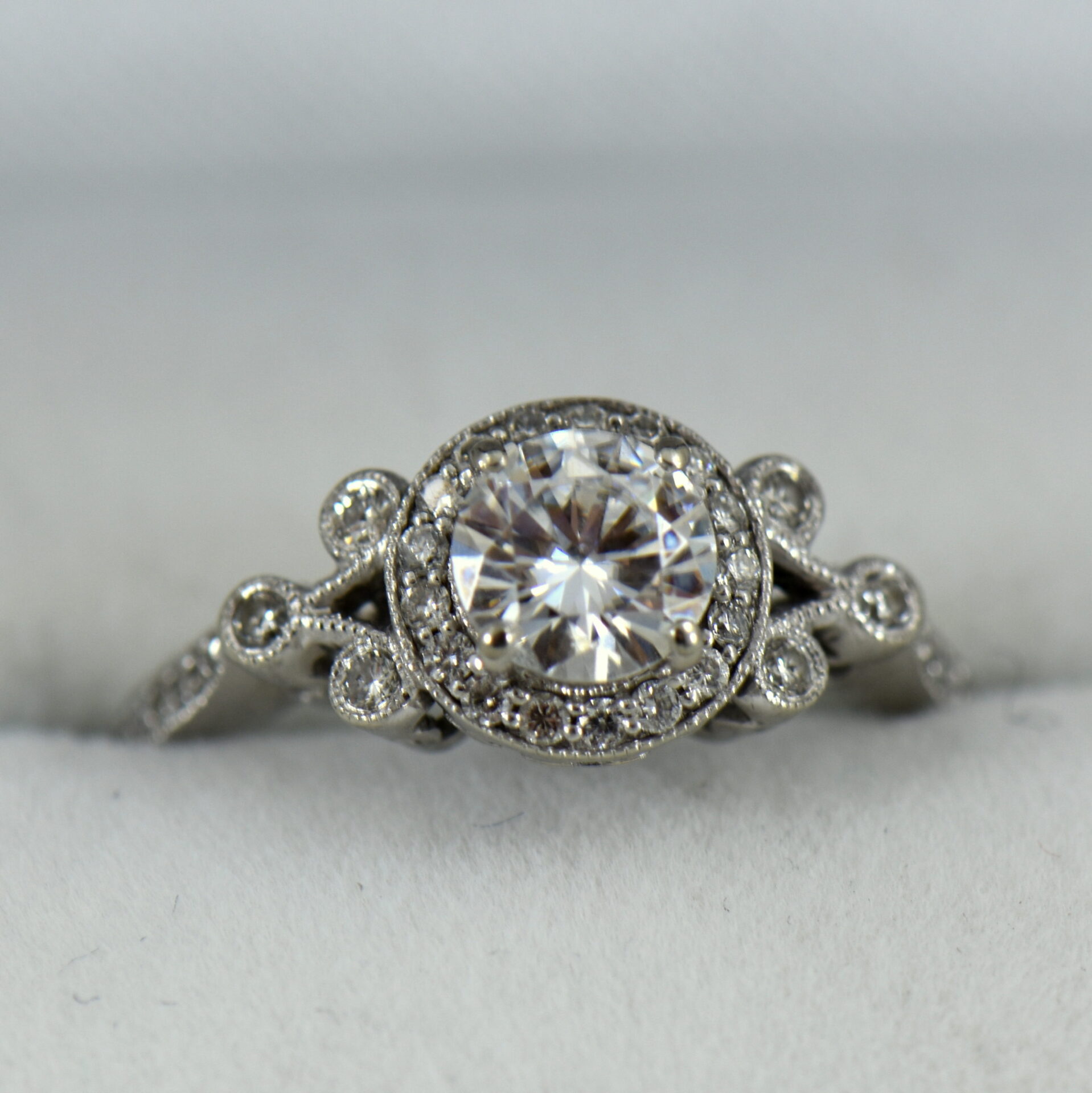 Vintage Style Halo Engagement Ring with Round Moissanite | Exquisite