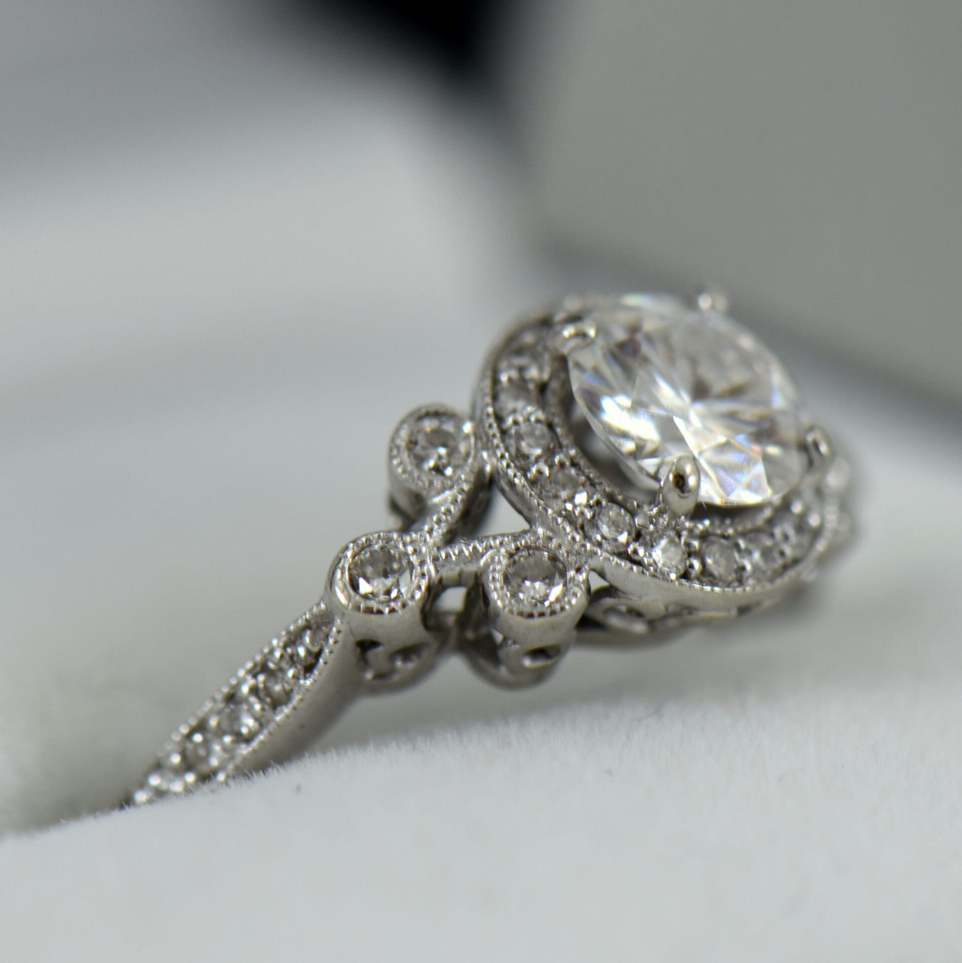 Vintage Style Halo Engagement Ring with Round Moissanite