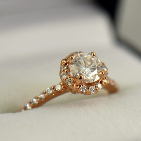 Rose Gold Halo Engagement Ring with Forever One Colorless Round Moissanite 2
