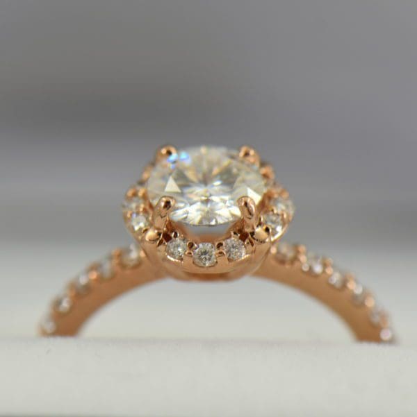 Rose Gold Halo Engagement Ring with Forever One Colorless Round Moissanite 4