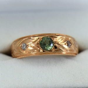 Rose Gold Montana Green Sapphire Mens Wedding Band Montana Green Sapphire and Rose Gold Mens Wedding Band