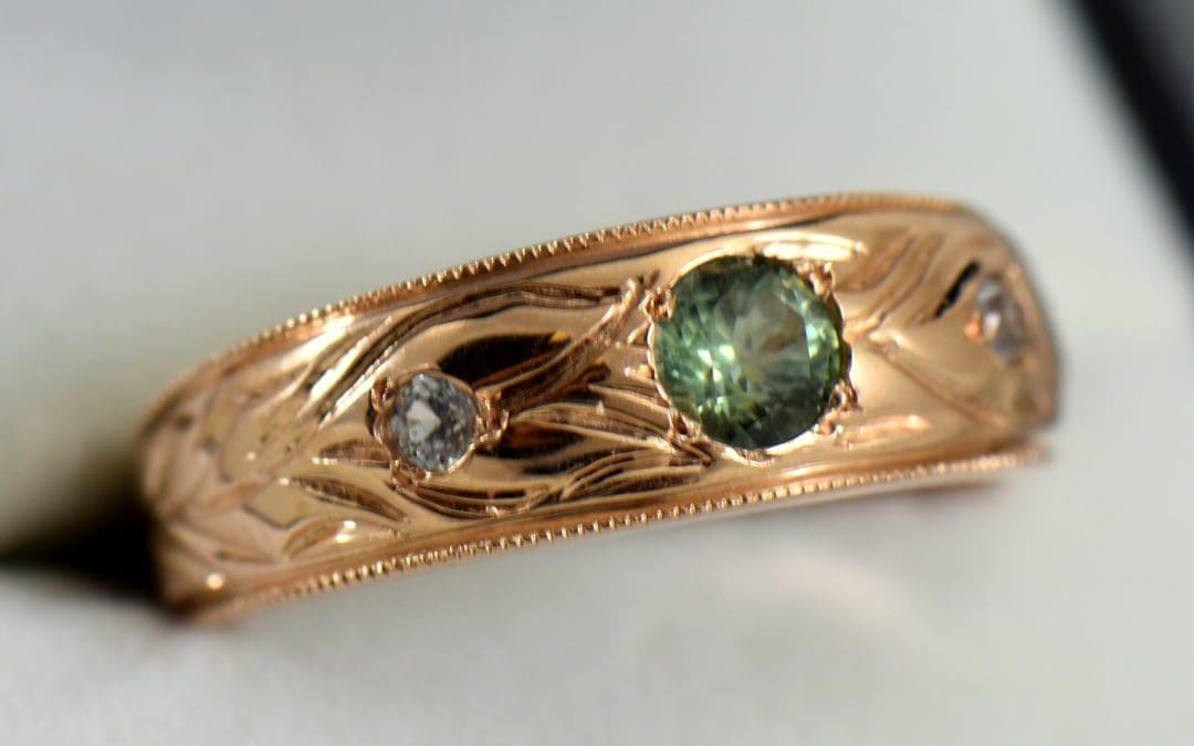 Rose Gold Montana Green Sapphire Mens Wedding Band