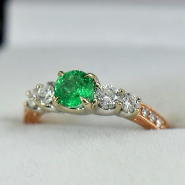 Round Colombian Emerald and Diamond 5 Stone Engagement Ring in Rose and White Gold