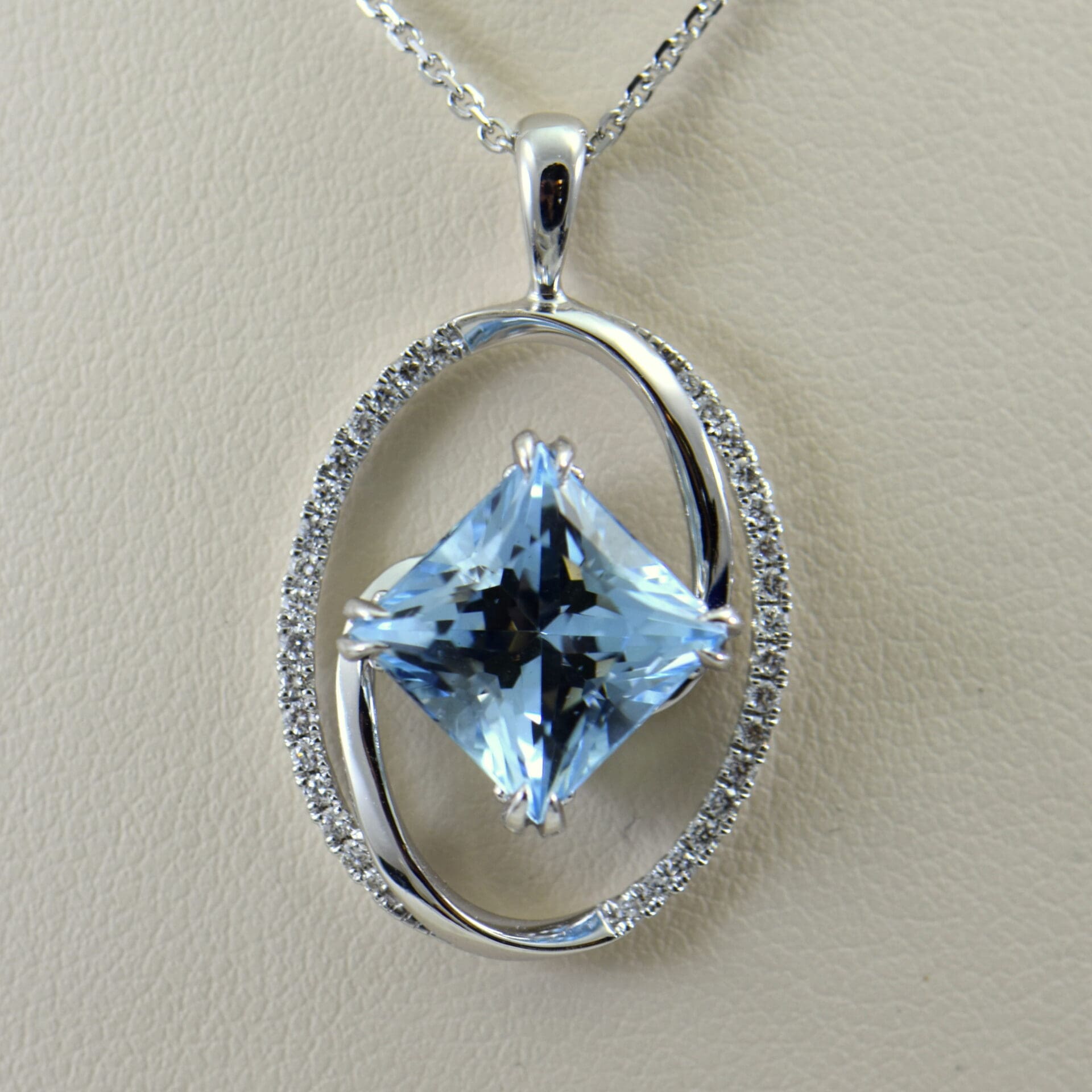 Custom Princess Cut Aquamarine & Diamond Halo Pendant