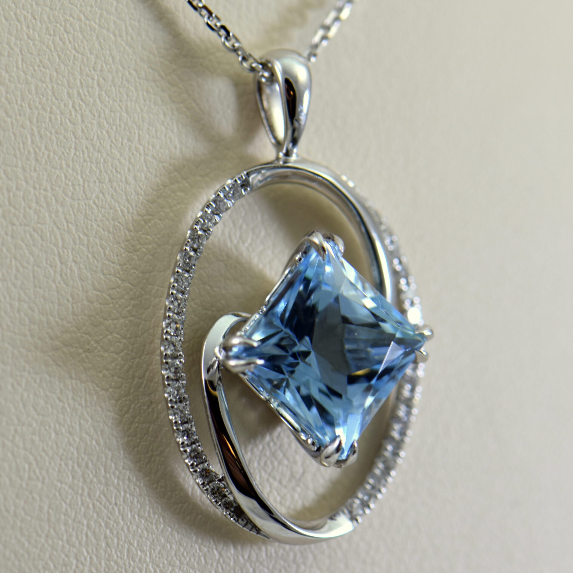 Custom Princess Cut Aquamarine & Diamond Halo Pendant |