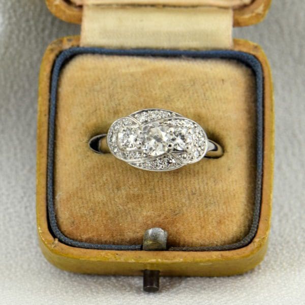 Art Deco Mine Cut Diamond 3 Stone Ring White Gold