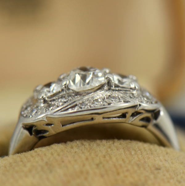 Art Deco Mine Cut Diamond 3 Stone Ring White Gold 2