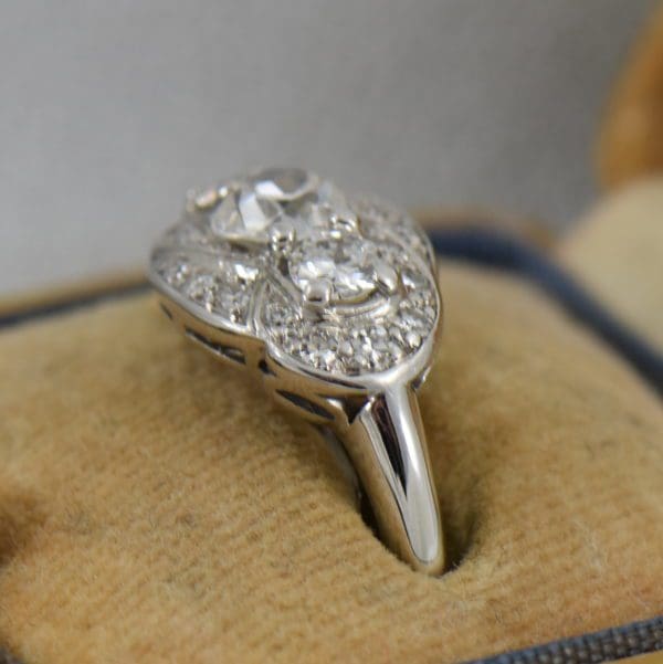Art Deco Mine Cut Diamond 3 Stone Ring White Gold 3
