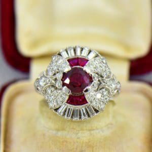 Art Deco Platinum Ring with Natural Ruby  Diamonds