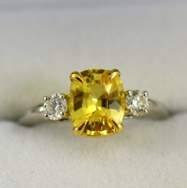 Cushion Cut Unheated Yellow Sapphire  Diamond 3 Stone Ring in Platinum