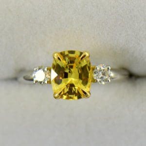 Cushion Cut Unheated Yellow Sapphire  Diamond 3 Stone Ring in Platinum 2