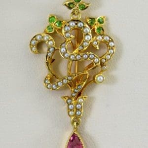 Edwardian Suffragette Pendant Circa 1910 with Demantoid Tourmaline  Pearls 15ct Gold