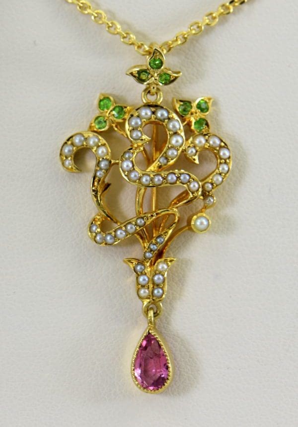 Edwardian Suffragette Pendant Circa 1910 with Demantoid Tourmaline  Pearls 15ct Gold