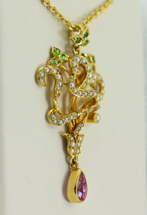 Edwardian Suffragette Pendant Circa 1910 with Demantoid Tourmaline  Pearls 15ct Gold 3