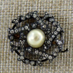 Victorian Pearl  Diamond Brooch in Oxidized silver over gold