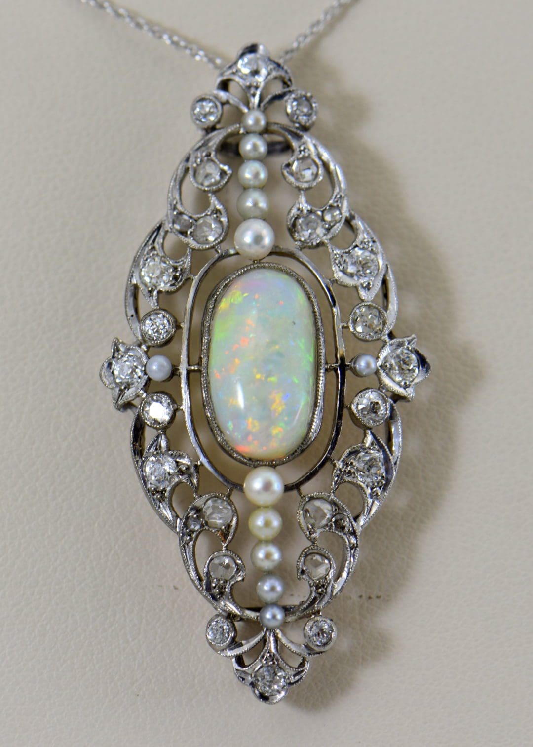 Edwardian Opal, Diamond & Pearl Necklace in Platinum Exquisite