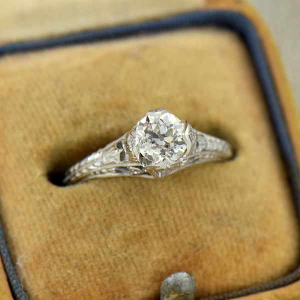 75ct European Cut Diamond White Gold Filigree Solitaire Engagement Ring