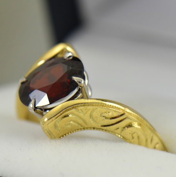 Abstract Red Garnet Carved Yellow Gold Bypass Ring 2