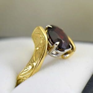 Abstract Red Garnet Carved Yellow Gold Bypass Ring 3 Red Garnet Set in Yellow Gold Bypass Ring