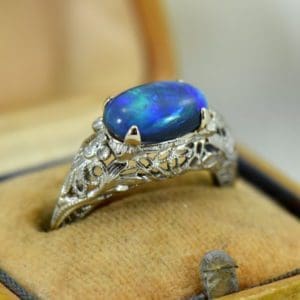 Art Deco Filigree Ring with Lightning Ridge Peacock Color Black Opal