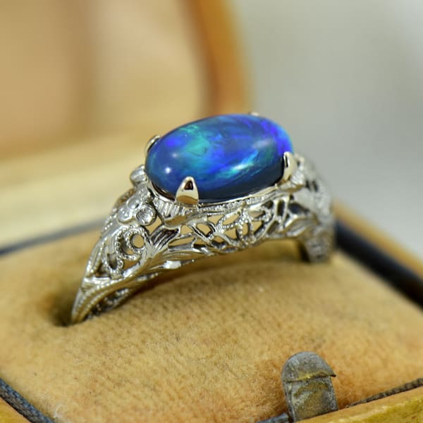 Art Deco Filigree Ring with Peacock Australian Black Opal | Exquisite ...