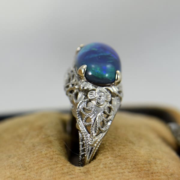 Art Deco Filigree Ring with Lightning Ridge Peacock Color Black Opal 2
