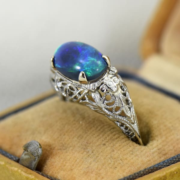 Art Deco Filigree Ring with Peacock Australian Black Opal