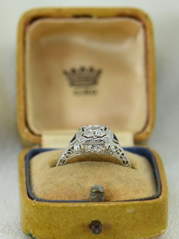 Art Deco White Gold Filigree Engagement Ring with Diamonds and Sapphires