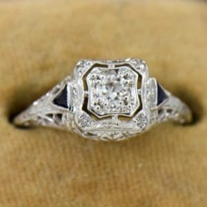 Art Deco White Gold Filigree Engagement Ring with Diamonds and Sapphires 4
