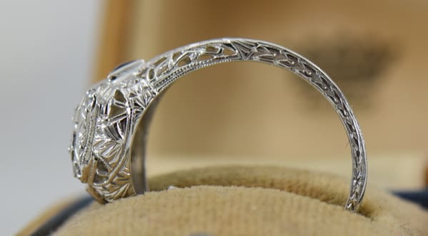 Art Deco Filigree Engagement Ring with Diamonds Sapphires