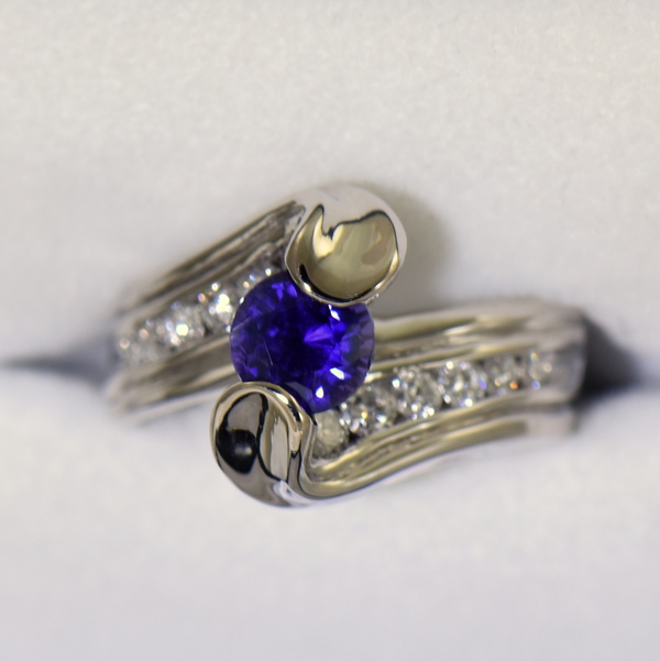 Custom palladium wedding ring with round blue purple color change sapphire 3