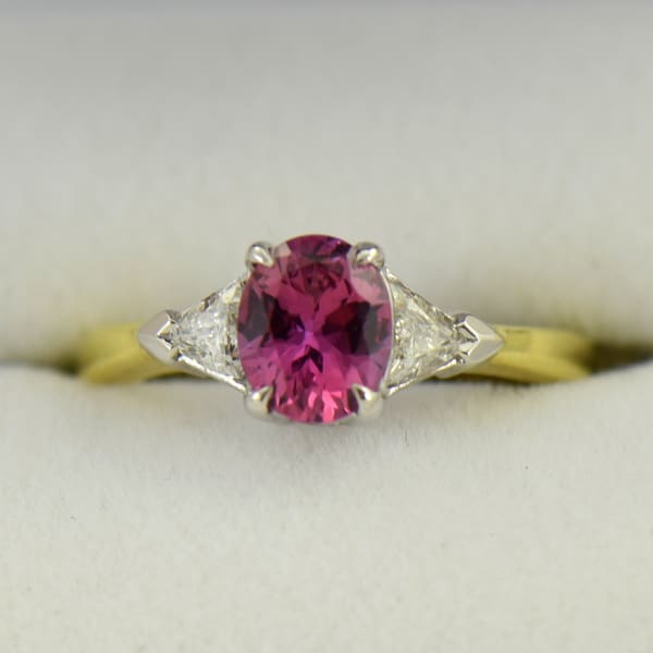 Magenta Pink Sapphire & Trillion Diamond Engagement Ring