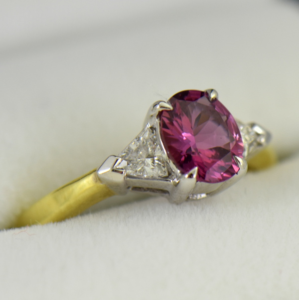 Deep Pink Sapphire  Trillion Diamond 3 stone Ring 2