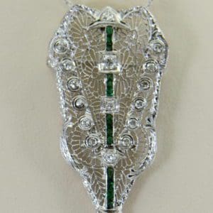 Filigree Art Deco Pin Pendant with calibre green glass and Diamonds