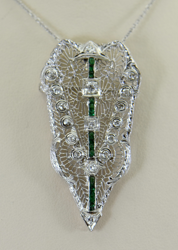 Filigree Art Deco Pin Pendant with calibre green glass and Diamonds