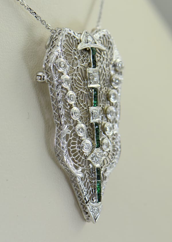 Filigree Art Deco Pin Pendant with calibre green glass and Diamonds 2