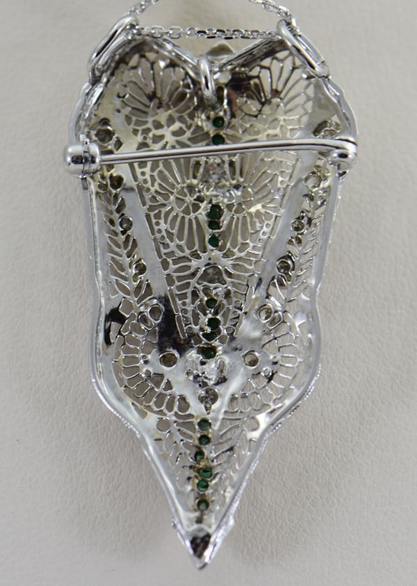 Filigree Art Deco Pin Pendant with calibre green glass and Diamonds 3